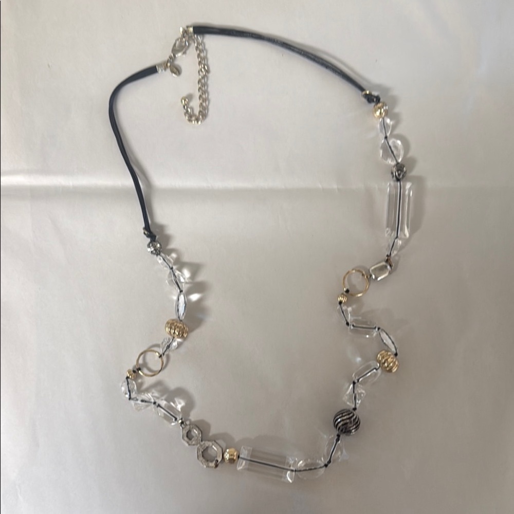Chico's Silver and Gold Necklace with Crystal Accents on Black Leather Cord